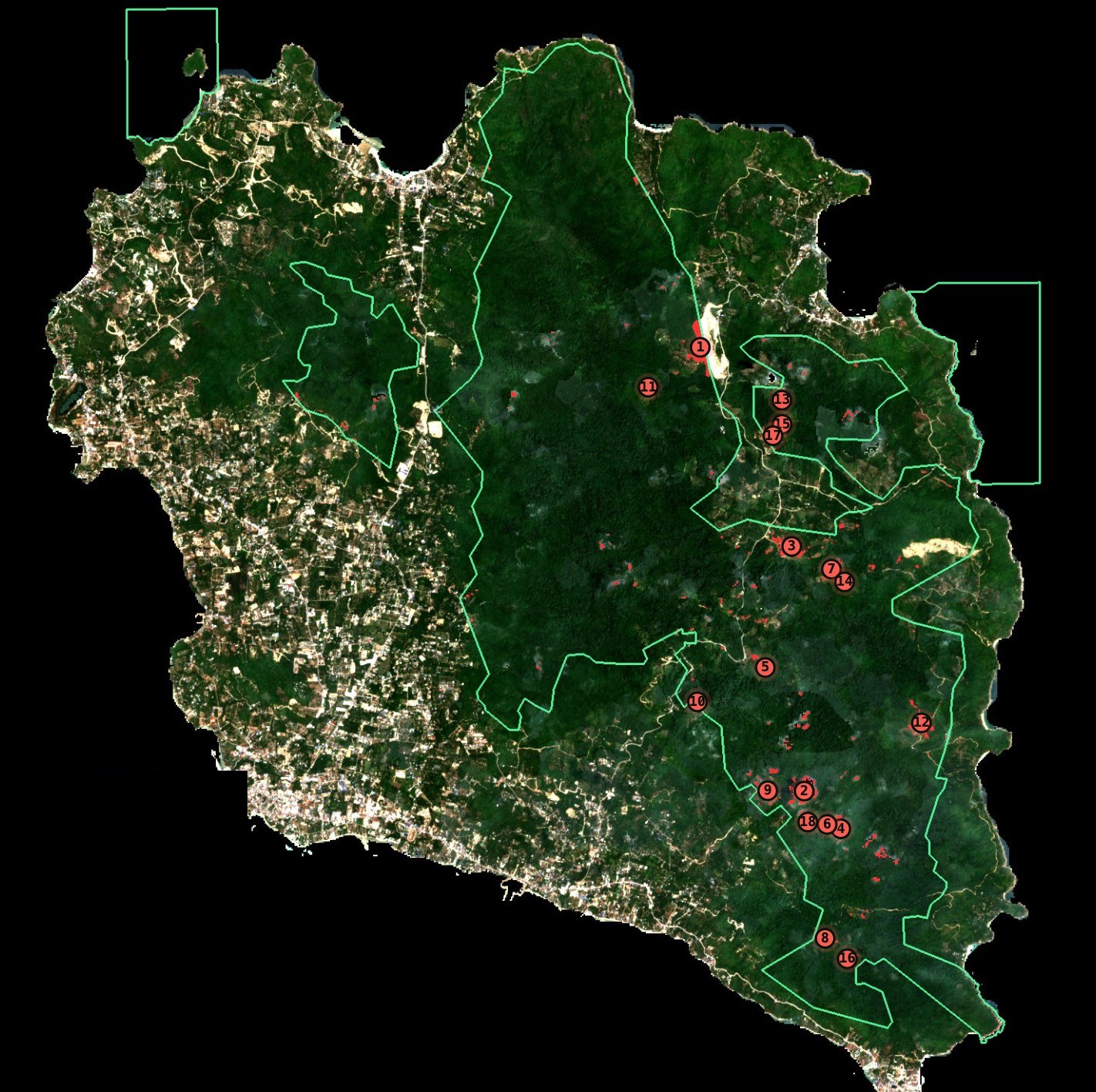 2026 satellite image of Koh Phangan with the approximate park boundary and 18 numbered possible change locations